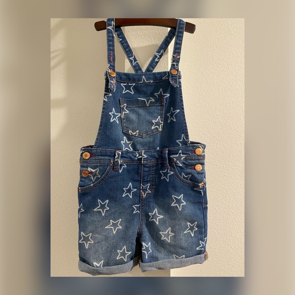 Girls 6 6x Cat & Jack Denim Shortalls Overalls Shorts Stars 4th of July Outfit